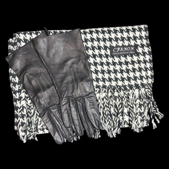 SILK TASSEL SCARF AND BLACK LEATHER GLOVES - Picture 1 of 1